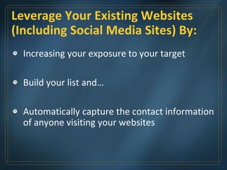 Leverage Your Existing Websites
(Including Social Media Sites) By:
Increasing your exposure to your target
Build your list and…
Automatically capture the contact information
of anyone visiting your websites
 