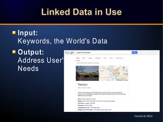 LLiinnkkeedd DDaattaa iinn UUssee 
Input: 
Keywords, the World's Data 
Output: 
Address User's 
Needs 
Gerard de Melo 
 