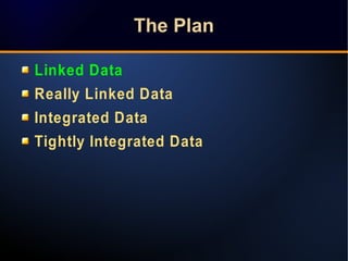 TThhee PPllaann 
Linked Data 
Really Linked Data 
Integrated Data 
Tightly Integrated Data 
 