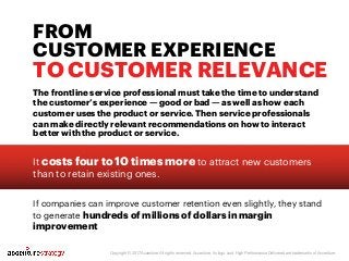 FROM
CUSTOMER EXPERIENCE
TO CUSTOMER RELEVANCE
It costs four to 10 times more to attract new customers
than to retain exis...