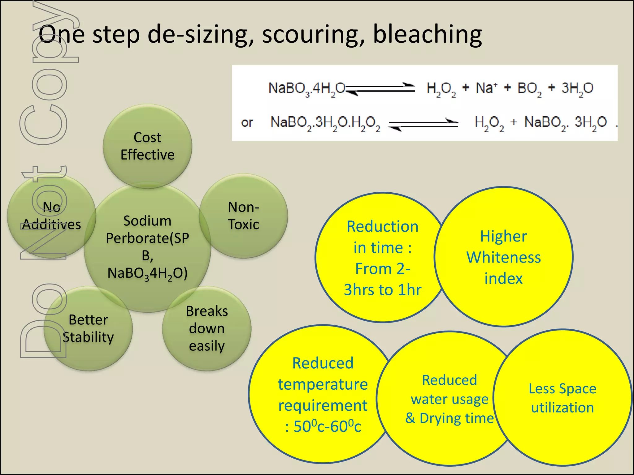 One step de-sizing, scouring, bleaching
Sodium
Perborate(SP
B,
NaBO34H2O)
Cost
Effective
Non-
Toxic
Breaks
down
easily
Better
Stability
No
Additives Reduction
in time :
From 2-
3hrs to 1hr
Higher
Whiteness
index
Reduced
temperature
requirement
: 500c-600c
Reduced
water usage
& Drying time
Less Space
utilization
DoNotCop
 