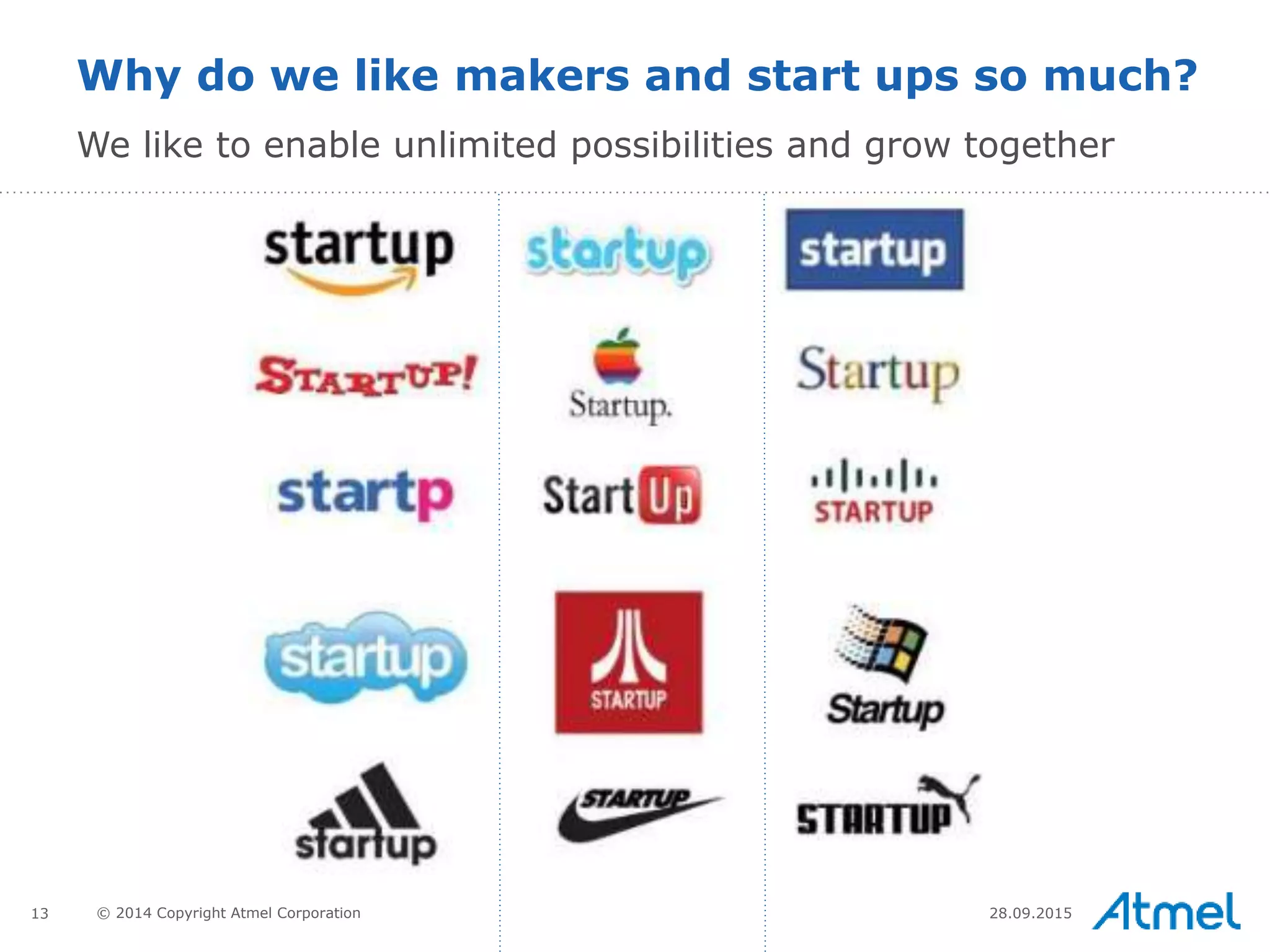 13 © 2014 Copyright Atmel Corporation 28.09.2015
Why do we like makers and start ups so much?
We like to enable unlimited possibilities and grow together
 
