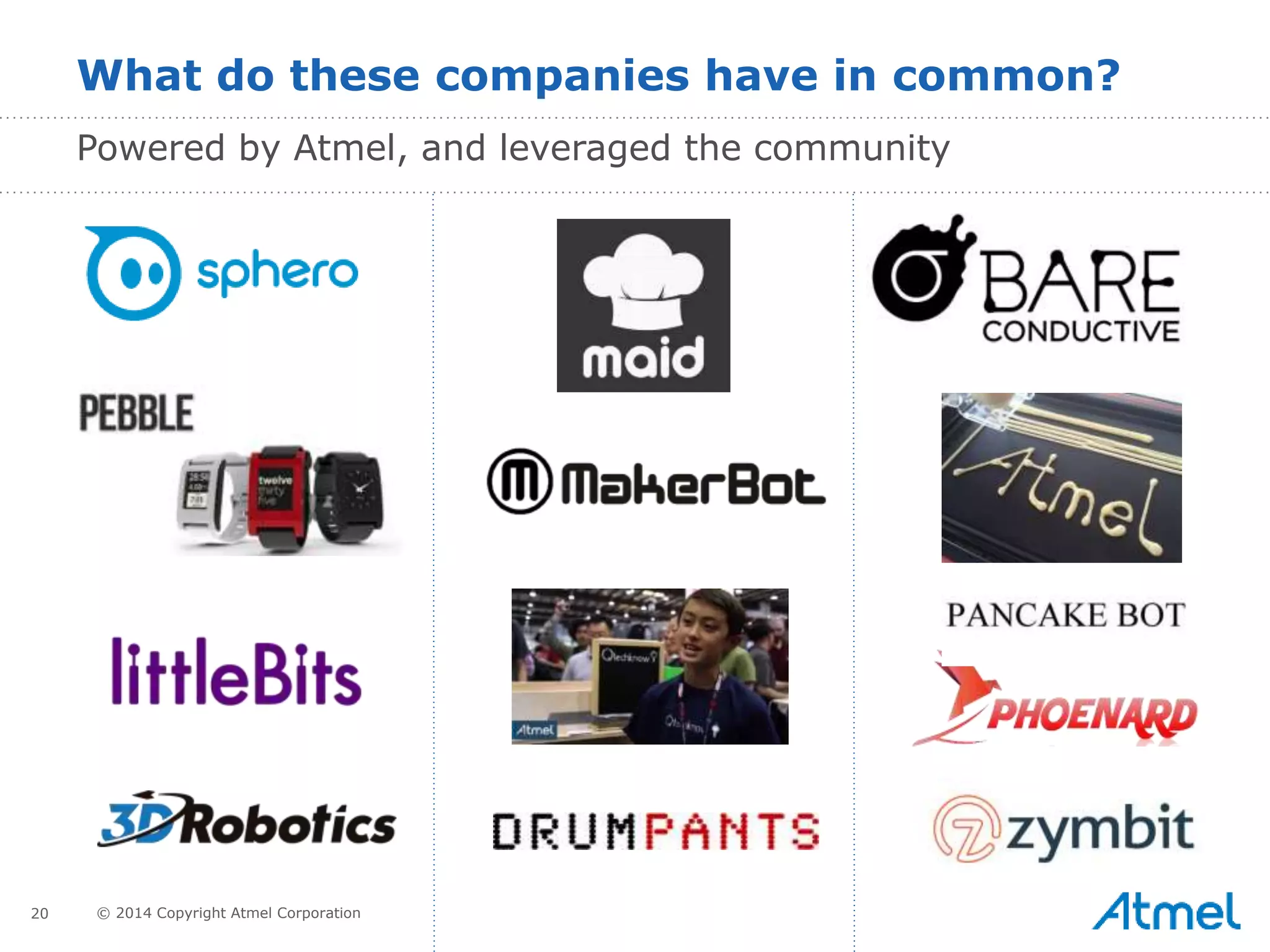 20 © 2014 Copyright Atmel Corporation
What do these companies have in common?
Powered by Atmel, and leveraged the community
 