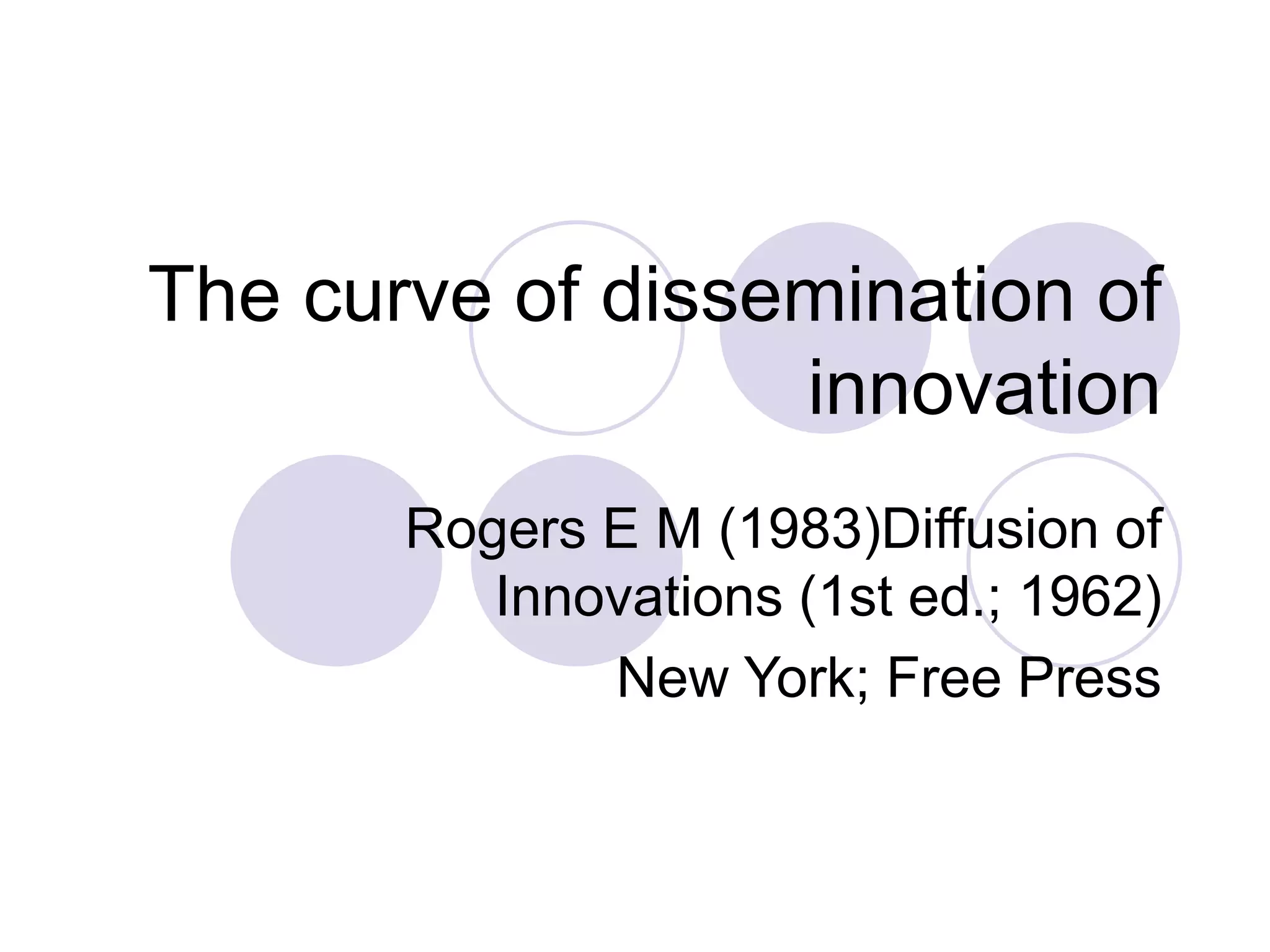 The curve of dissemination of
innovation
Rogers E M (1983)Diffusion of
Innovations (1st ed.; 1962)
New York; Free Press
 