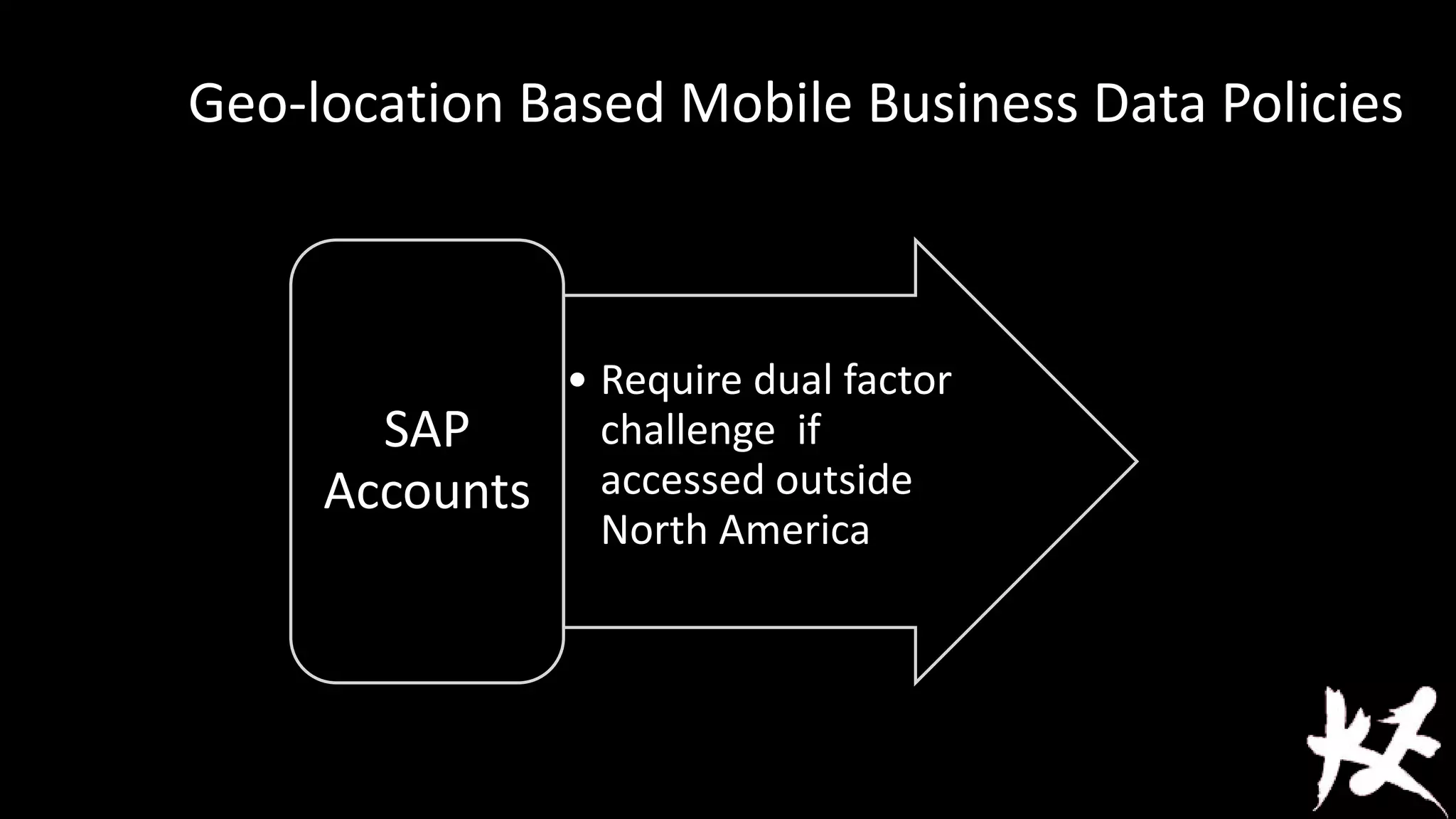 Geo-location Based Mobile Business Data Policies

SAP
Accounts

• Require dual factor
challenge if
accessed outside
North America

 