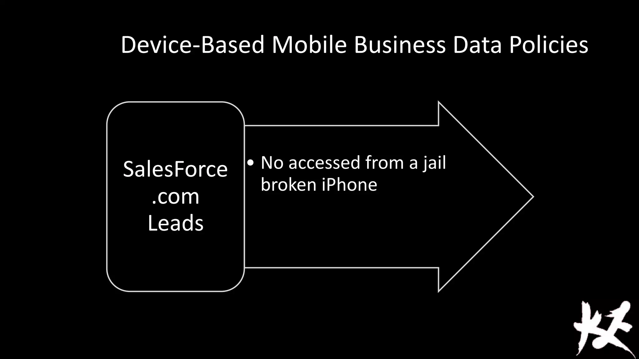 Device-Based Mobile Business Data Policies

SalesForce • No accessed from a jail
broken iPhone
.com
Leads

 