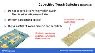 Manufacturing That Eliminates Risk & Improves Reliability
11
Capacitive Touch Switches (continued)
 Do not behave as a normally open switch
– Must be paired with microcontroller
 Uniform backlighting options
 Digital control of switch function and sensitivity
Example of capacitive
touch switch
X
X
X
X
X
Similar to membrane
switches, but with the
domes removed
 