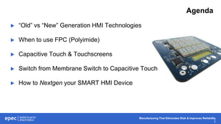 Manufacturing That Eliminates Risk & Improves Reliability
2
Agenda
 “Old” vs “New” Generation HMI Technologies
 When to use FPC (Polyimide)
 Capacitive Touch & Touchscreens
 Switch from Membrane Switch to Capacitive Touch
 How to Nextgen your SMART HMI Device
 
