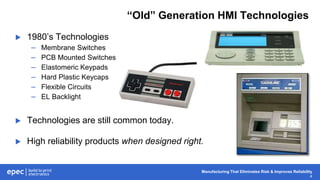 Manufacturing That Eliminates Risk & Improves Reliability
4
“Old” Generation HMI Technologies
 1980’s Technologies
– Membrane Switches
– PCB Mounted Switches
– Elastomeric Keypads
– Hard Plastic Keycaps
– Flexible Circuits
– EL Backlight
 Technologies are still common today.
 High reliability products when designed right.
 