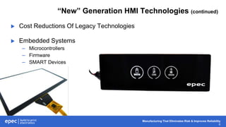 Manufacturing That Eliminates Risk & Improves Reliability
6
“New” Generation HMI Technologies (continued)
 Cost Reductions Of Legacy Technologies
 Embedded Systems
– Microcontrollers
– Firmware
– SMART Devices
 