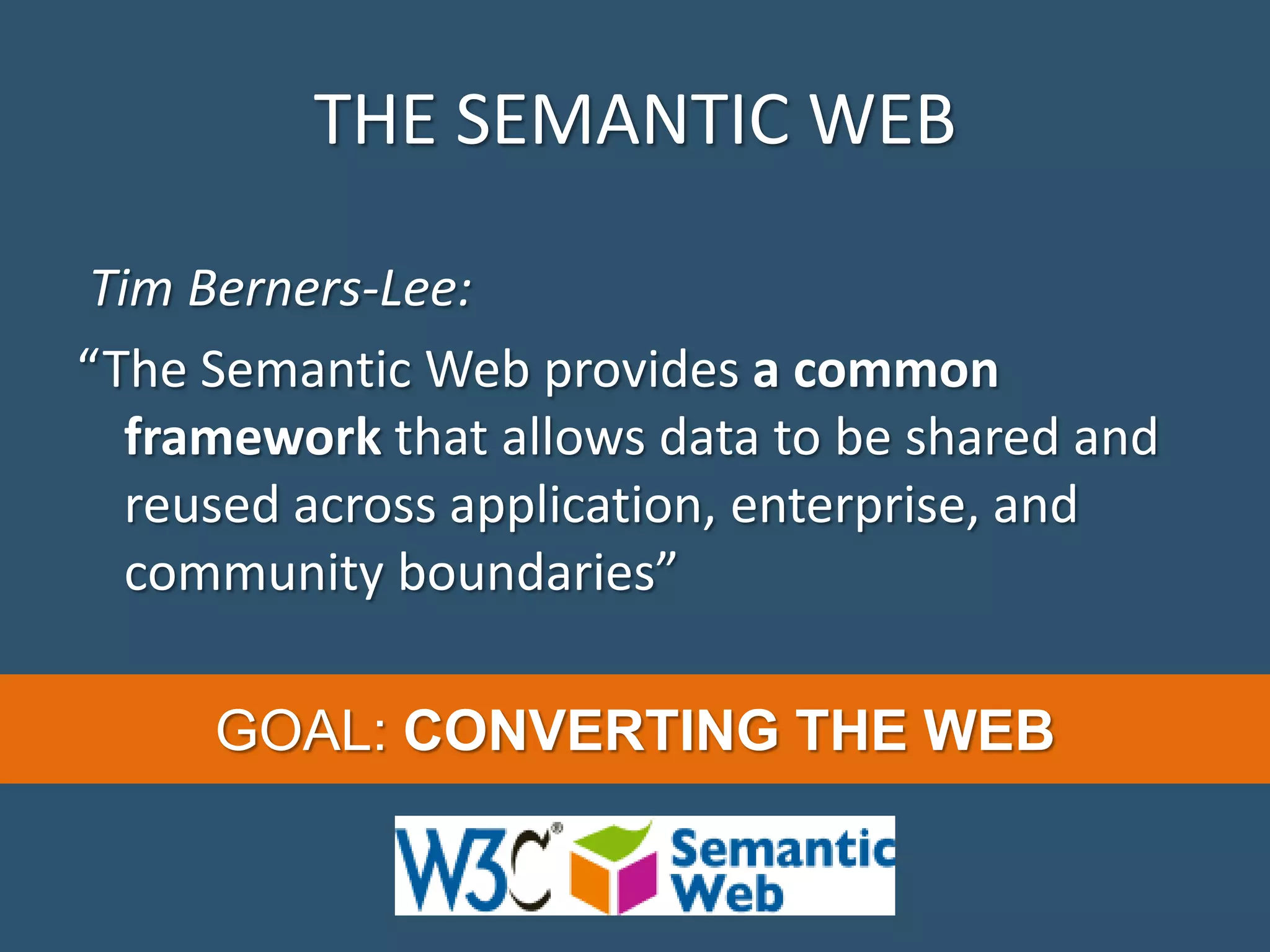 THE SEMANTIC WEB Tim Berners-Lee: “The Semantic Web provides a common framework that allows data to be shared and reused across application, enterprise, and community boundaries” GOAL: CONVERTING THE WEB 