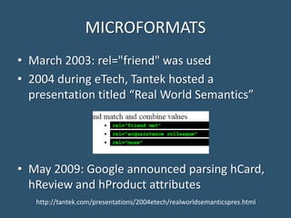 MICROFORMATS
• March 2003: rel="friend" was used
• 2004 during eTech, Tantek hosted a
presentation titled “Real World Semantics”
• May 2009: Google announced parsing hCard,
hReview and hProduct attributes
http://tantek.com/presentations/2004etech/realworldsemanticspres.html
 