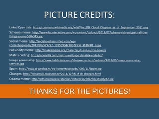 PICTURE CREDITS:
Linked Open data: http://commons.wikimedia.org/wiki/File:LOD_Cloud_Diagram_as_of_September_2011.png
Schema meme: http://www.fscinteractive.com/wp-content/uploads/2013/07/schema-rich-snippets-all-the-
things-meme-560x345.jpg
Social meme: http://socialmediasatisfied.com/wp-
content/uploads/2013/06/529797_10150904238024534_3188681_n.jpg
Possibility meme: http://makeameme.org/character/dr-evil-austin-powers
Matrix coding: http://indervilla.com/matrix-wallpapers/matrix-code-hd/
Image processing: http://www.habiledata.com/blog/wp-content/uploads/2013/05/image-processing-
services.jpg
Spam: http://www.cj-weblog.nl/wp-content/uploads/2009/11/Spam.jpg
Changes: http://erinamsili.blogspot.de/2011/12/ch-ch-ch-changes.html
Obama meme: http://cdn.memegenerator.net/instances/250x250/38508282.jpg
THANKS FOR THE PICTURES!
 