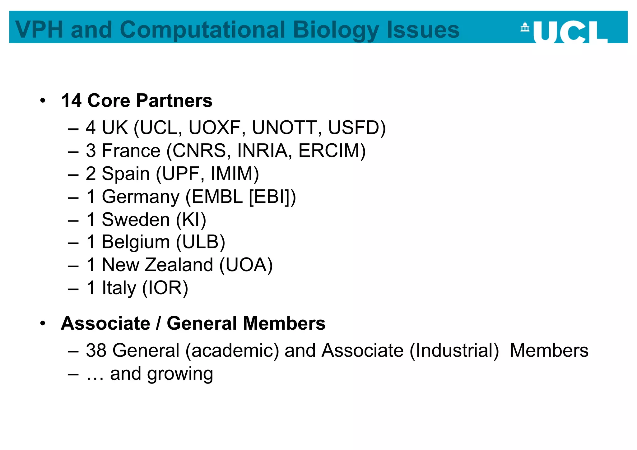 VPH and Computational Biology Issues

 •  14 Core Partners
     –  4 UK (UCL, UOXF, UNOTT, USFD)
     –  3 France (CNRS, INRIA, ERCIM)
     –  2 Spain (UPF, IMIM)
     –  1 Germany (EMBL [EBI])
     –  1 Sweden (KI)
     –  1 Belgium (ULB)
     –  1 New Zealand (UOA)
     –  1 Italy (IOR)
 •  Associate / General Members
     –  38 General (academic) and Associate (Industrial) Members
     –  … and growing
 