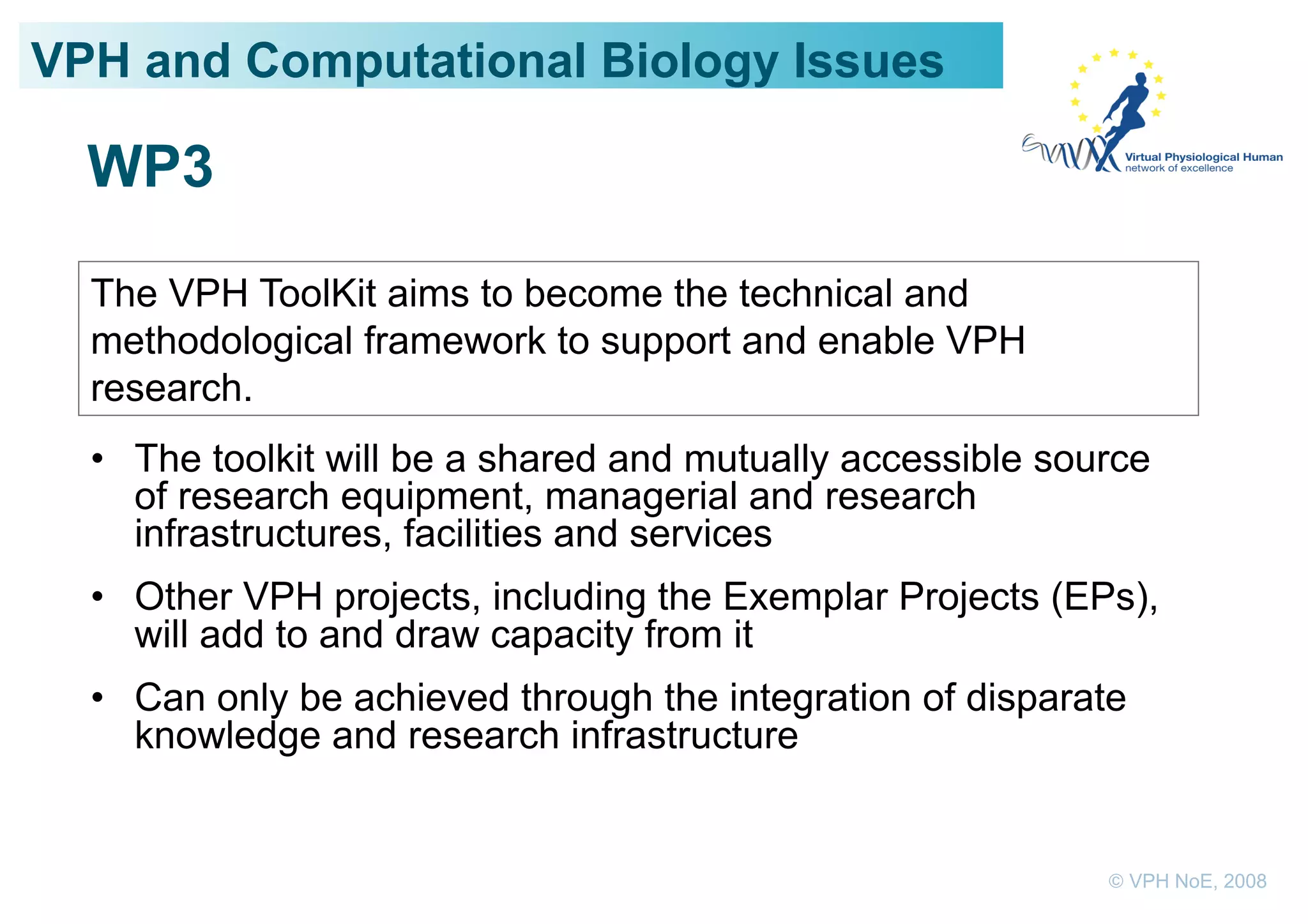 VPH and Computational Biology Issues

  WP3

  The VPH ToolKit aims to become the technical and
  methodological framework to support and enable VPH
  research.
  •  The toolkit will be a shared and mutually accessible source
     of research equipment, managerial and research
     infrastructures, facilities and services
  •  Other VPH projects, including the Exemplar Projects (EPs),
     will add to and draw capacity from it
  •  Can only be achieved through the integration of disparate
     knowledge and research infrastructure


                                                             © VPH NoE, 2008
 