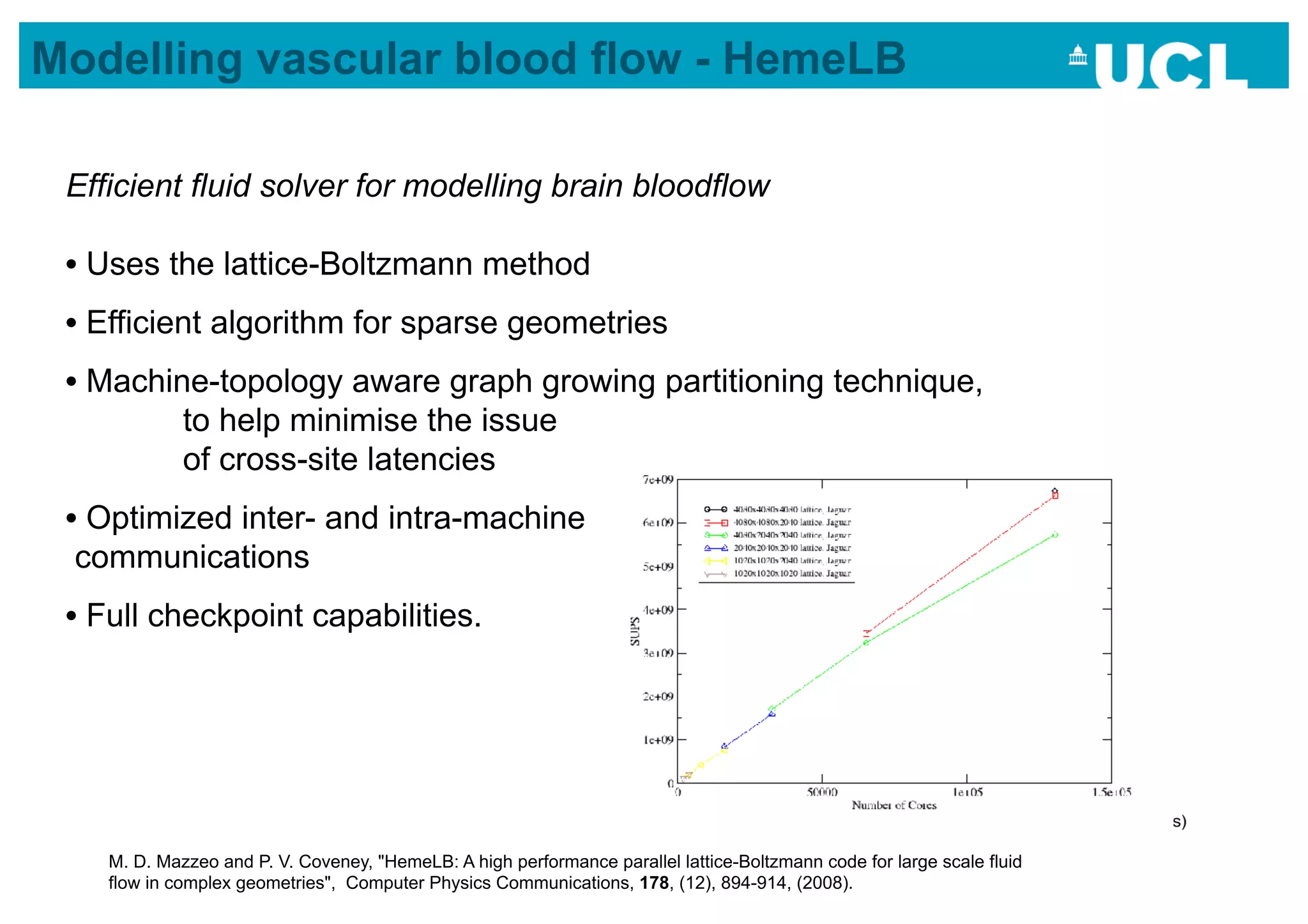 Modelling vascular blood flow - HemeLB

 Efficient fluid solver for modelling brain bloodflow

 •  Uses the lattice-Boltzmann method
 •  Efficient algorithm for sparse geometries
 •  Machine-topology aware graph growing partitioning technique,
          to help minimise the issue
          of cross-site latencies
 •  Optimized inter- and intra-machine
  communications
 •  Full checkpoint capabilities.




    M. D. Mazzeo and P. V. Coveney, "HemeLB: A high performance parallel lattice-Boltzmann code for large scale fluid
    flow in complex geometries", Computer Physics Communications, 178, (12), 894-914, (2008).
 