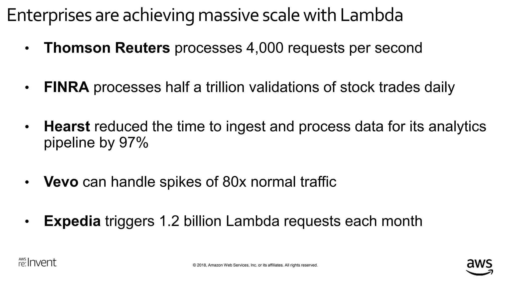© 2018, Amazon Web Services, Inc. or its affiliates. All rights reserved.
EnterprisesareachievingmassivescalewithLambda
• Thomson Reuters processes 4,000 requests per second
• FINRA processes half a trillion validations of stock trades daily
• Hearst reduced the time to ingest and process data for its analytics
pipeline by 97%
• Vevo can handle spikes of 80x normal traffic
• Expedia triggers 1.2 billion Lambda requests each month
 