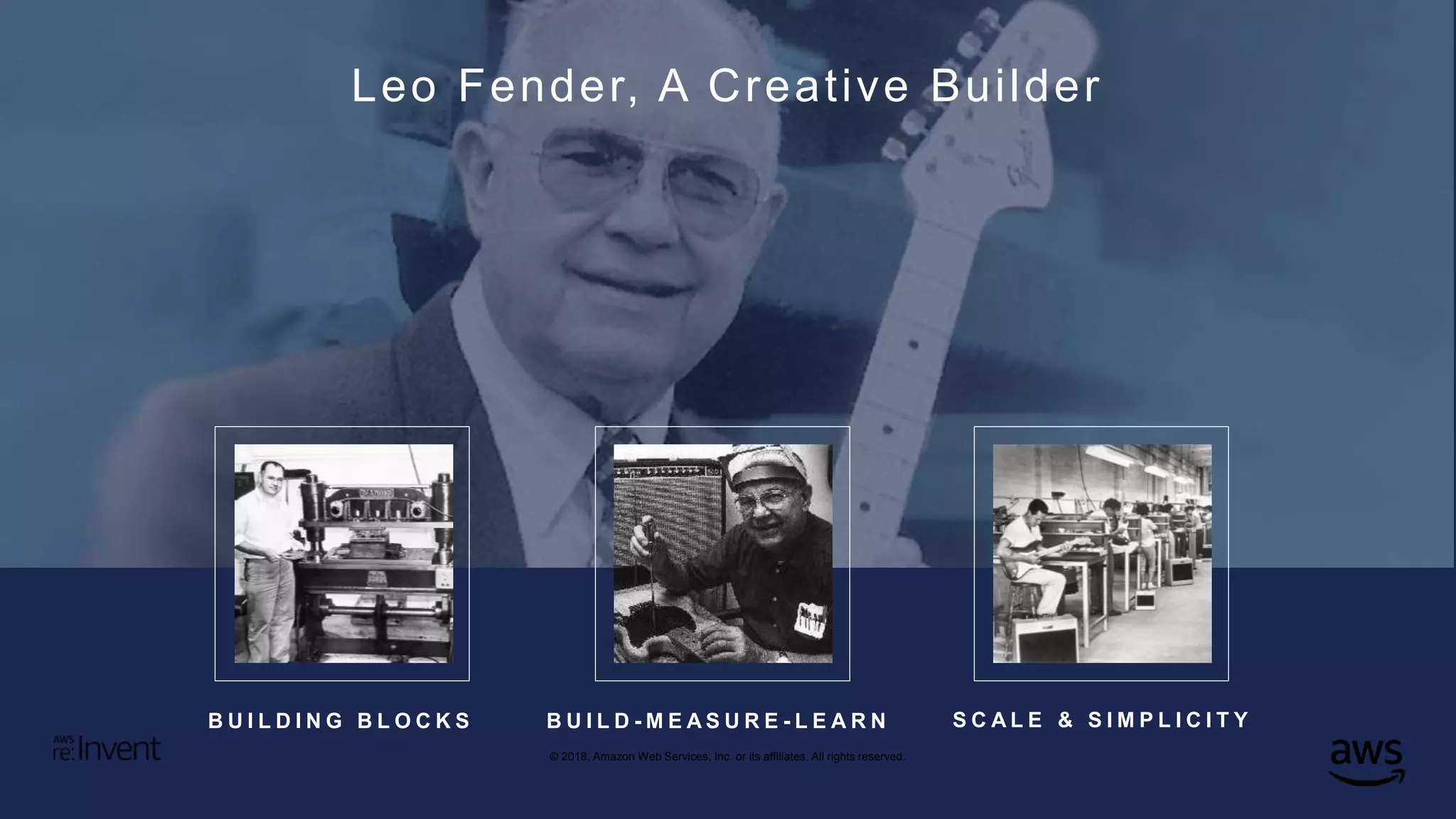 © 2018, Amazon Web Services, Inc. or its affiliates. All rights reserved.
Leo Fender, A Creative Builder
B U I L D I N G B L O C K S B U I L D - M E A S U R E - L E A R N S C A L E & S I M P L I C I T Y
 