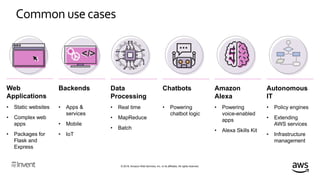 © 2018, Amazon Web Services, Inc. or its affiliates. All rights reserved.
Common usecases
Web
Applications
• Static websites
• Complex web
apps
• Packages for
Flask and
Express
Data
Processing
• Real time
• MapReduce
• Batch
Chatbots
• Powering
chatbot logic
Backends
• Apps &
services
• Mobile
• IoT
</></>
Amazon
Alexa
• Powering
voice-enabled
apps
• Alexa Skills Kit
Autonomous
IT
• Policy engines
• Extending
AWS services
• Infrastructure
management
 