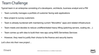 © 2018, Amazon Web Services, Inc. or its affiliates. All rights reserved.
TeamChallenge
Typical team in an enterprise consisting of a developers, architects, business analyst and a PM
• Team currently manages a portfolio of customer facing web applications
• New project to survey customers
• Team is already burdened with maintaining current “Monolithic” apps and related infrastructure
• Team meets and decides to reduce undifferentiated heavy lifting (patching servers, scaling etc…)
• Team comes up with idea to build their new app using AWS Serverless Services
• However, they need to justify their choice to the finance and security teams
Let’s dive into their new project…
 