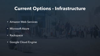 Current Options - Infrastructure
• Amazon Web Services
• Microsoft Azure
• Rackspace
• Google Cloud Engine
 