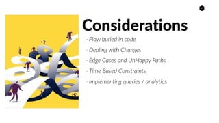 21
- Flow buried in code
- Dealing with Changes
- Edge Cases and UnHappy Paths
- Time Based Constraints
- Implemen>ng quer...