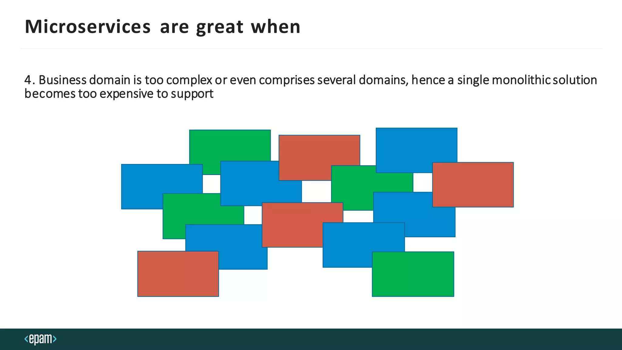 Microservices are great when
4. Business domain is too complex or even comprises several domains, hence a single monolithicsolution
becomes too expensive to support
 