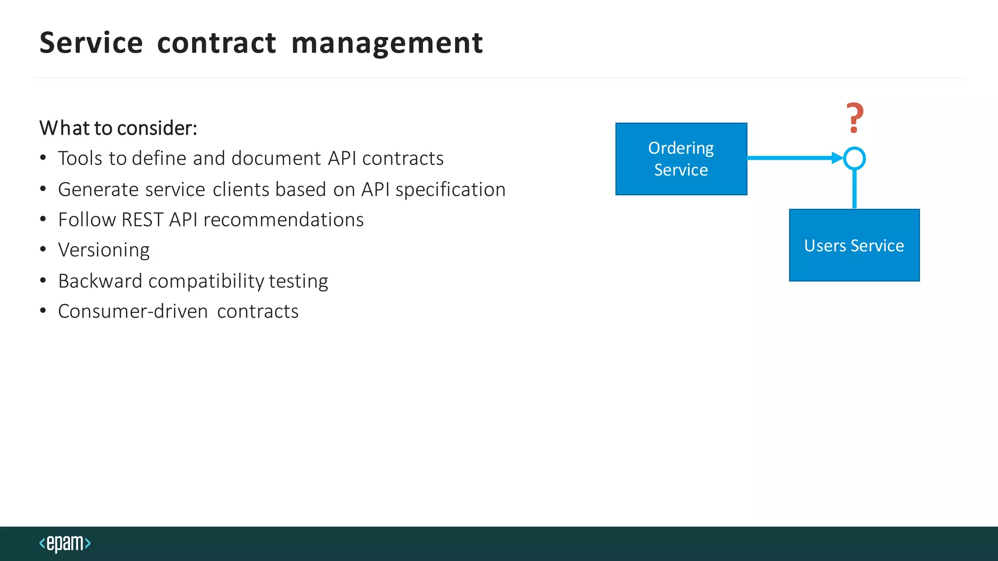 Service contract management
What to consider:
• Tools to define and document API contracts
• Generate service clients based on API specification
• Follow REST API recommendations
• Versioning
• Backward compatibility testing
• Consumer-driven contracts
Ordering
Service
Users Service
?
 