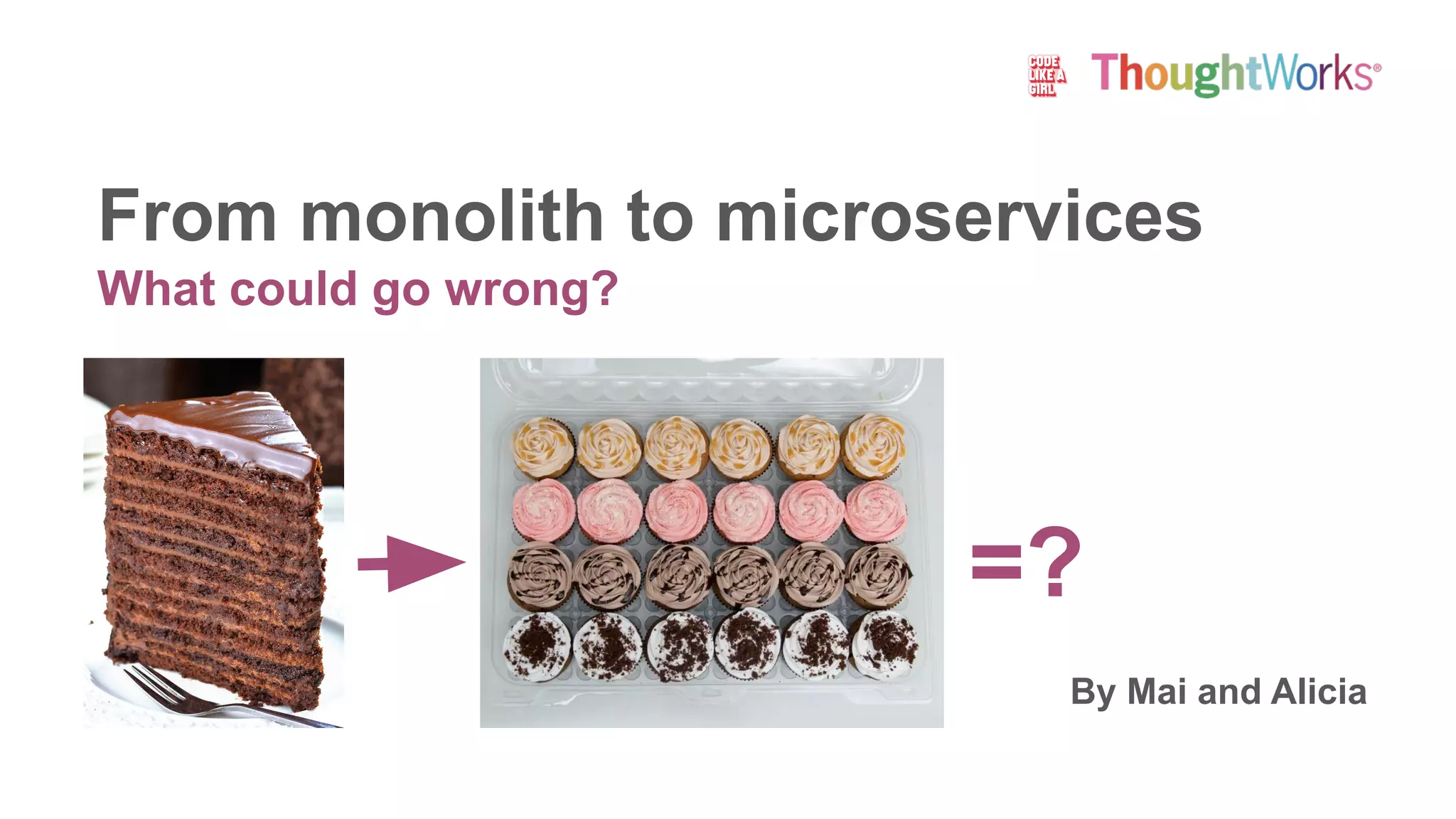From monolith to microservices
What could go wrong?
By Mai and Alicia
=?
 