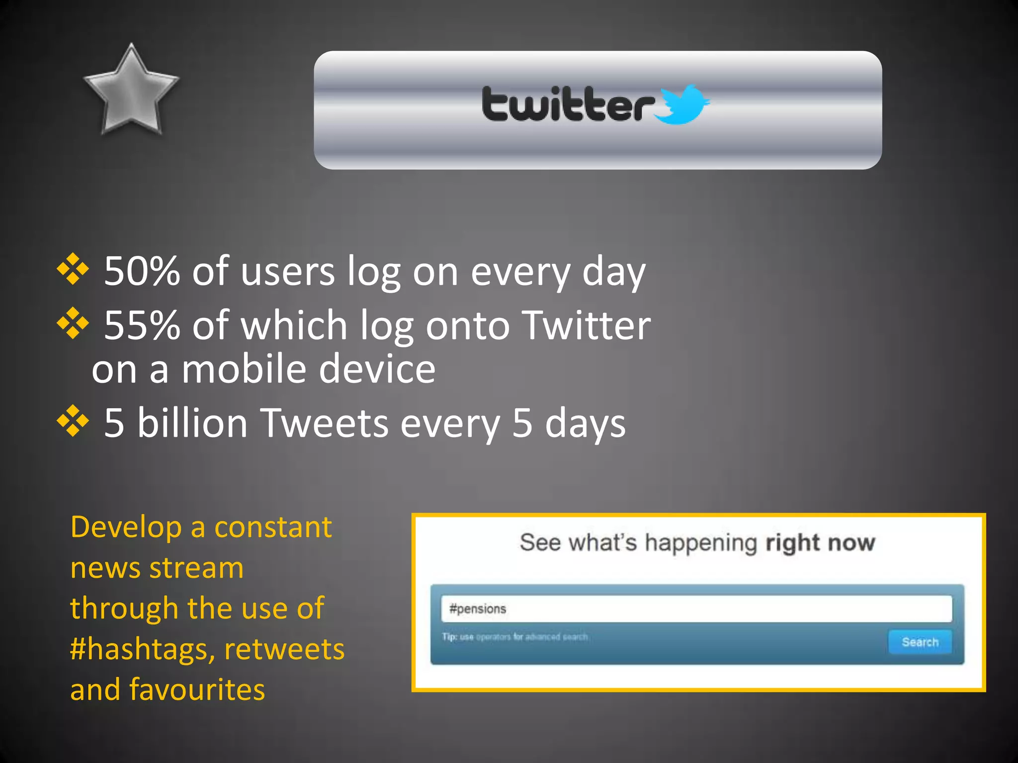  50% of users log on every day
 55% of which log onto Twitter
 on a mobile device
 5 billion Tweets every 5 days

Develop a constant
news stream
through the use of
#hashtags, retweets
and favourites
 