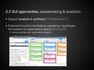 3.2 SUI approaches: sensemaking & analytics 
• Support analysis & synthesis [Pirolli11] 
! 
• Potential functions facilita...