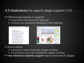 3.3 Implications for search stage support (1/2) 
• Different approaches in support: 
• streamlined interfaces (few feature...