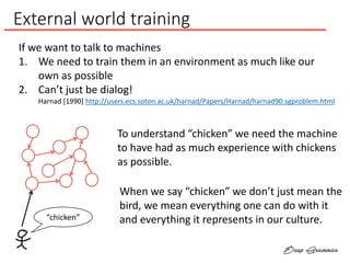External world training
If we want to talk to machines
1. We need to train them in an environment as much like our
own as possible
2. Can’t just be dialog!
Harnad [1990] http://users.ecs.soton.ac.uk/harnad/Papers/Harnad/harnad90.sgproblem.html
To understand “chicken” we need the machine
to have had as much experience with chickens
as possible.
When we say “chicken” we don’t just mean the
bird, we mean everything one can do with it
and everything it represents in our culture.“chicken”
 