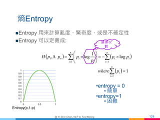 熵Entropy
Entropy 用來計算亂度、驚奇度、或是不確定性
Entropy 可以定義成:
@ Yi-Shin Chen, NLP to Text Mining 124
   
  1
log
1
log,
1
11
1...