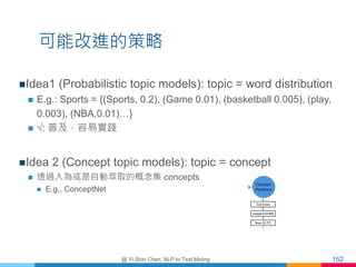 可能改進的策略
Idea1 (Probabilistic topic models): topic = word distribution
 E.g.: Sports = {(Sports, 0.2), (Game 0.01), (bask...