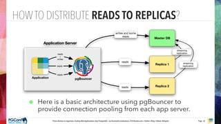 “From Obvious to Ingenious: Scaling Web Applications atop PostgreSQL”, by Konstantin Gredeskoul, CTO Wanelo.com. | Twitter: @kig | Github: @kigster Page
Proprietary and
• One question with the replicas: can they catch
up with all the writes coming from the master?
• What if the master on SSDs, and replicas
aren’t? We tried this setup to save $$.
• And we instantly bumped into this problem:
applying WAL logs to the replicas created very
signiﬁcant disk write load on non-SSD drives
• These replicas were barely able to apply writes
from the master without live trafﬁc.
• With trafﬁc, they would start falling behind, the
delta ever increasing.
REPLICATION 102: USE SSDS EVERYWHERE
52
The red line is the site’s error rate. 
Note the correlation.
 