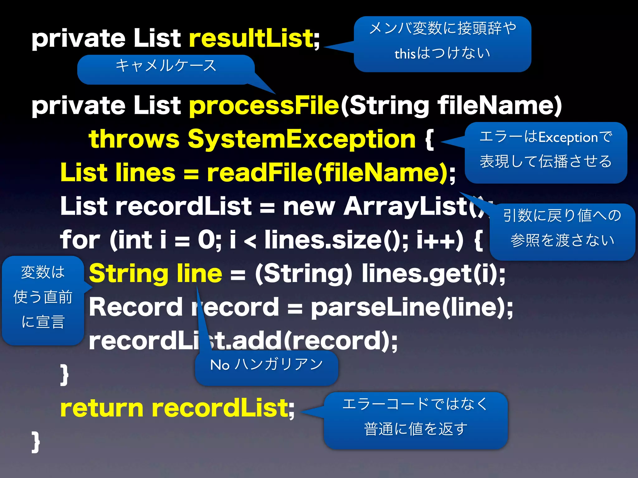 private List resultList;
private List processFile(String ﬁleName)
throws SystemException {
List lines = readFile(ﬁleName);
List recordList = new ArrayList();
for (int i = 0; i < lines.size(); i++) {
String line = (String) lines.get(i);
Record record = parseLine(line);
recordList.add(record);
}
return recordList;
}
メンバ変数に接頭辞や
thisはつけない
キャメルケース
エラーはExceptionで
表現して伝播させる
エラーコードではなく
普通に値を返す
変数は
使う直前
に宣言
引数に戻り値への
参照を渡さない
No ハンガリアン
 