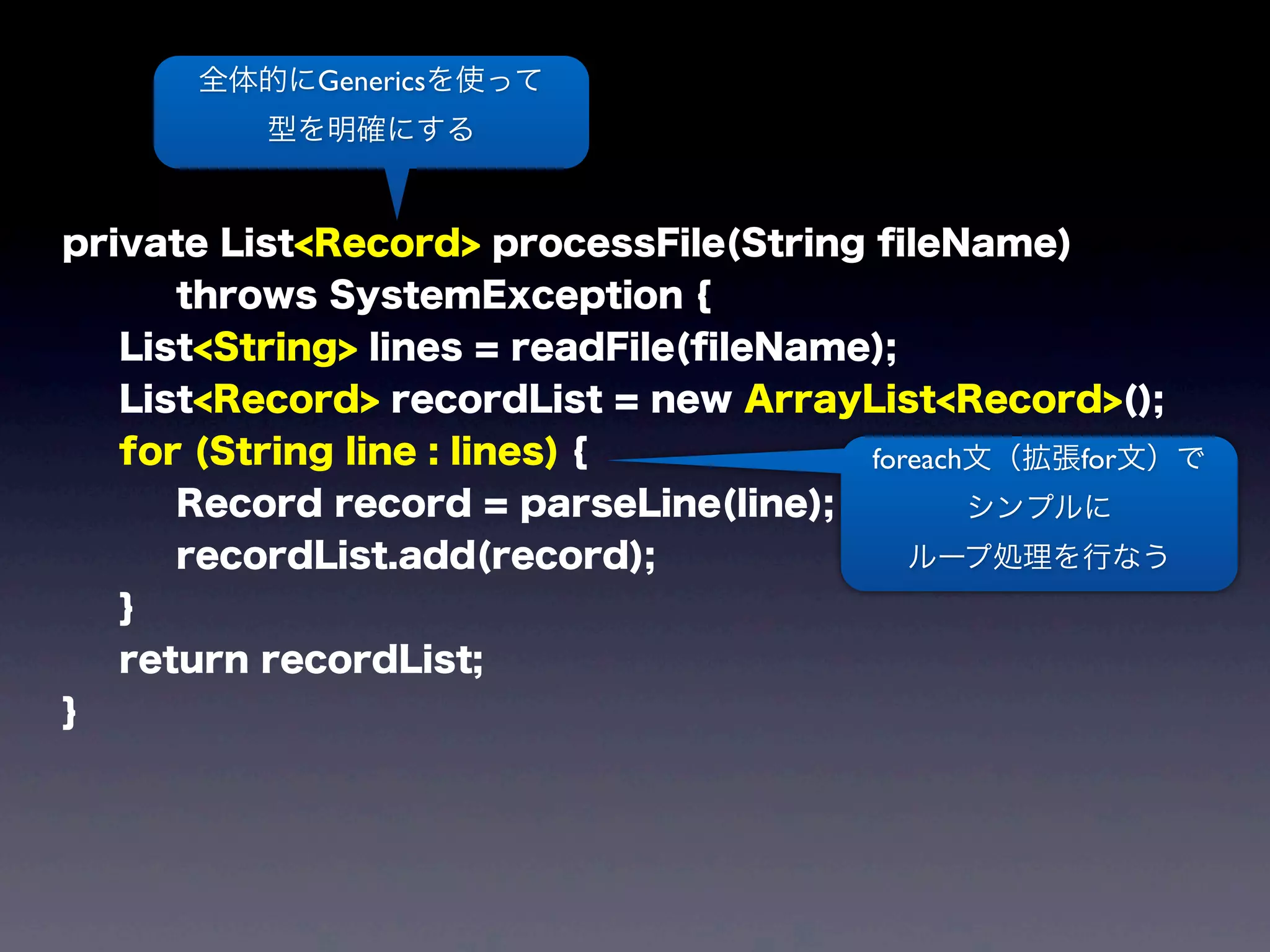private List<Record> processFile(String ﬁleName)
throws SystemException {
List<String> lines = readFile(ﬁleName);
List<Record> recordList = new ArrayList<Record>();
for (String line : lines) {
Record record = parseLine(line);
recordList.add(record);
}
return recordList;
}
全体的にGenericsを使って
型を明確にする
foreach文（拡張for文）で
シンプルに
ループ処理を行なう
 