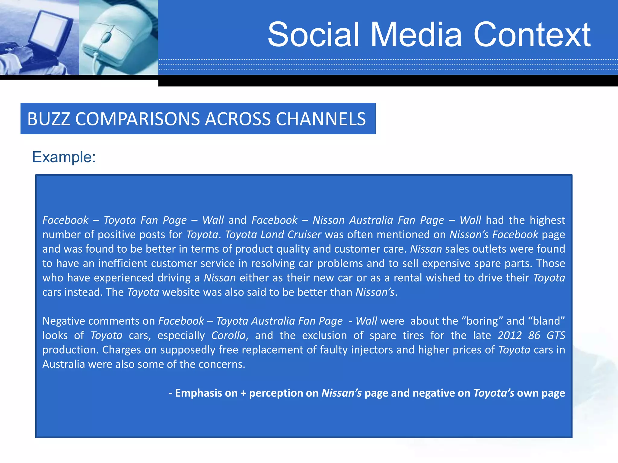 Social Media Context
Example:
Facebook – Toyota Fan Page – Wall and Facebook – Nissan Australia Fan Page – Wall had the highest
number of positive posts for Toyota. Toyota Land Cruiser was often mentioned on Nissan’s Facebook page
and was found to be better in terms of product quality and customer care. Nissan sales outlets were found
to have an inefficient customer service in resolving car problems and to sell expensive spare parts. Those
who have experienced driving a Nissan either as their new car or as a rental wished to drive their Toyota
cars instead. The Toyota website was also said to be better than Nissan’s.
Negative comments on Facebook – Toyota Australia Fan Page - Wall were about the “boring” and “bland”
looks of Toyota cars, especially Corolla, and the exclusion of spare tires for the late 2012 86 GTS
production. Charges on supposedly free replacement of faulty injectors and higher prices of Toyota cars in
Australia were also some of the concerns.
- Emphasis on + perception on Nissan’s page and negative on Toyota’s own page
BUZZ COMPARISONS ACROSS CHANNELS
 