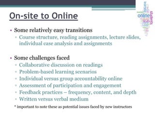 On-site to Online
• Some relatively easy transitions
▫ Course structure, reading assignments, lecture slides,
individual case analysis and assignments

• Some challenges faced
▫
▫
▫
▫
▫
▫

Collaborative discussion on readings
Problem-based learning scenarios
Individual versus group accountability online
Assessment of participation and engagement
Feedback practices – frequency, content, and depth
Written versus verbal medium

* important to note these as potential issues faced by new instructors

 