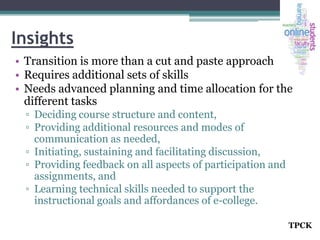 Insights
• Transition is more than a cut and paste approach
• Requires additional sets of skills
• Needs advanced planning and time allocation for the
different tasks
▫ Deciding course structure and content,
▫ Providing additional resources and modes of
communication as needed,
▫ Initiating, sustaining and facilitating discussion,
▫ Providing feedback on all aspects of participation and
assignments, and
▫ Learning technical skills needed to support the
instructional goals and affordances of e-college.
TPCK

 