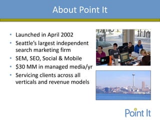 About Point It
        Presentation Agenda

• Launched in April 2002
• Seattle’s largest independent
  search marketing firm
• SEM, SEO, Social & Mobile
• $30 MM in managed media/yr
• Servicing clients across all
  verticals and revenue models
 