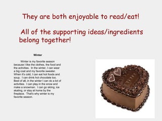 They are both enjoyable to read/eat!

    All of the supporting ideas/ingredients
    belong together!

                  Winter

       Winter is my favorite season
because I like the clothes, the food and
the activities. In the winter, I can wear
a big coat and my favorite sweater.
When it's cold, I can eat hot foods and
soup. I can drink hot chocolate too.
Best of all, in the winter I can do a lot of
activities. I can play in the snow and
make a snowman. I can go skiing, ice
skating, or stay at home by the
fireplace. That's why winter is my
favorite season.
 