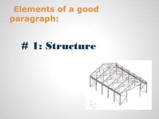 Elements of a good
paragraph:


  # 1: Structure
 