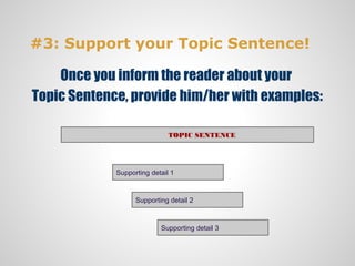 #3: Support your Topic Sentence!

    Once you inform the reader about your
Topic Sentence, provide him/her with examples:

                              TOPIC SENTENCE




             Supporting detail 1



                   Supporting detail 2



                           Supporting detail 3
 
