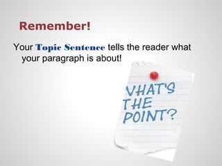 Remember!
Your Topic Sentence tells the reader what
 your paragraph is about!
 