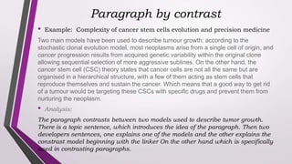 Paragraph by contrast
• Example: Complexity of cancer stem cells evolution and precision medicine
Two main models have been used to describe tumour growth: according to the
stochastic clonal evolution model, most neoplasms arise from a single cell of origin, and
cancer progression results from acquired genetic variability within the original clone
allowing sequential selection of more aggressive sublines. On the other hand, the
cancer stem cell (CSC) theory states that cancer cells are not all the same but are
organised in a hierarchical structure, with a few of them acting as stem cells that
reproduce themselves and sustain the cancer. Which means that a good way to get rid
of a tumour would be targeting these CSCs with specific drugs and prevent them from
nurturing the neoplasm.
• Analysis:
The paragraph contrasts between two models used to describe tumor growth.
There is a topic sentence, which introduces the idea of the paragraph. Then two
developers sentences, one explains one of the models and the other explains the
constrast model beginning with the linker On the other hand which is specifically
used in contrasting paragraphs.
 