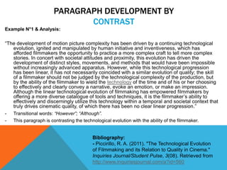 PARAGRAPH DEVELOPMENT BY
CONTRAST
Example N°1 & Analysis:
“The development of motion picture complexity has been driven by a continuing technological
evolution, ignited and manipulated by human initiative and inventiveness, which has
afforded filmmakers the opportunity to practice a more complex craft to tell more complex
stories. In concert with societal attitudes and proximity, this evolution has driven the
development of distinct styles, movements, and methods that would have been impossible
without increasingly advanced apparatus. However, while this technological progression
has been linear, it has not necessarily coincided with a similar evolution of quality; the skill
of a filmmaker should not be judged by the technological complexity of the production, but
by the ability of the filmmaker to wield the technology of the time and of his or her choosing
to effectively and clearly convey a narrative, evoke an emotion, or make an impression.
Although the linear technological evolution of filmmaking has empowered filmmakers by
offering a more diverse catalogue of tools and techniques, it is the filmmaker’s ability to
effectively and discerningly utilize this technology within a temporal and societal context that
truly drives cinematic quality, of which there has been no clear linear progression.”
- Transitional words: “However”; “Although”.
- This paragraph is contrasting the technological evolution with the ability of the filmmaker.
Bibliography:
- Piccirillo, R. A. (2011). "The Technological Evolution
of Filmmaking and its Relation to Quality in Cinema."
Inquiries Journal/Student Pulse, 3(08). Retrieved from
http://www.inquiriesjournal.com/a?id=560
 
