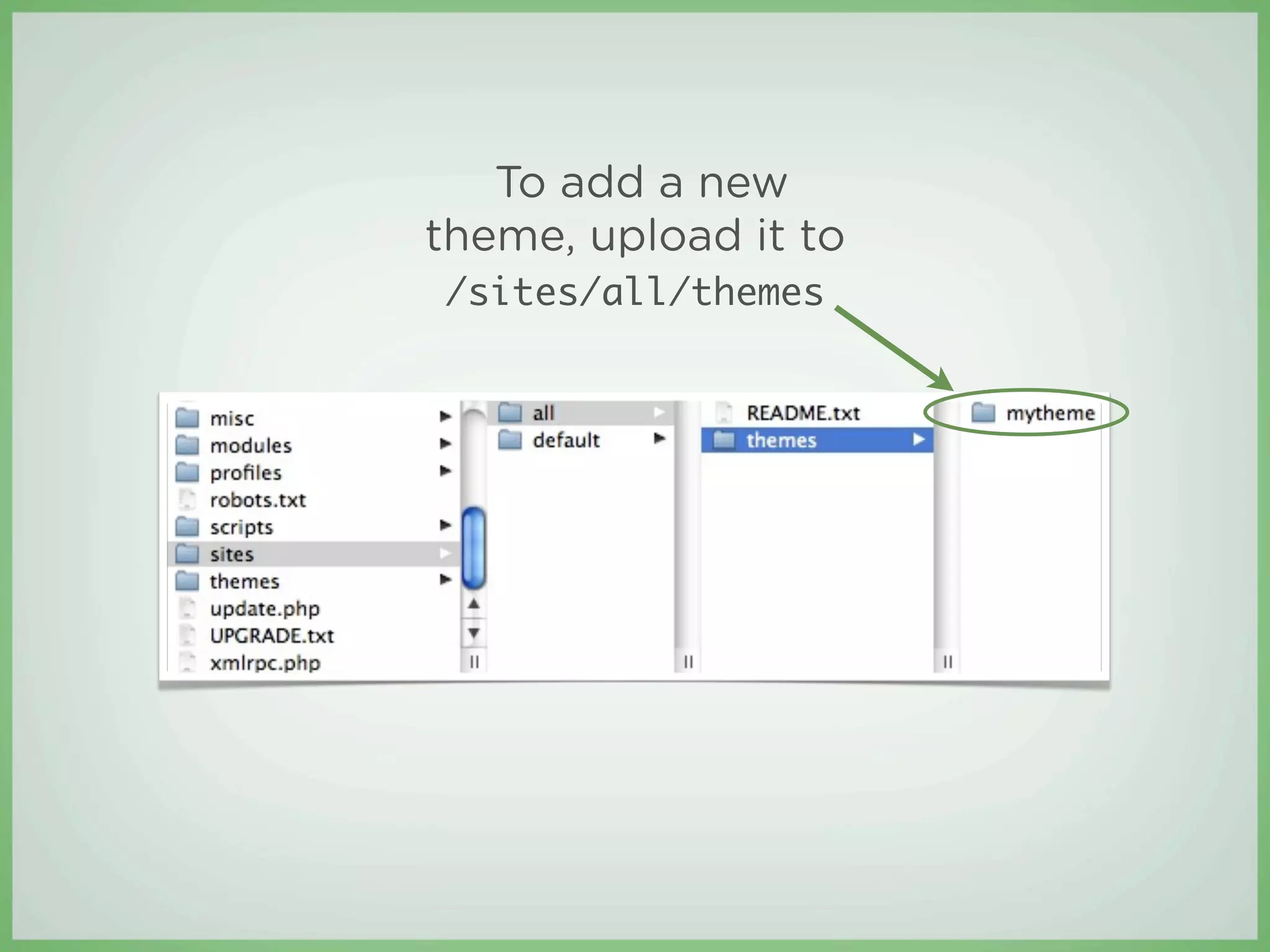 To add a new
theme, upload it to
/sites/all/themes
 