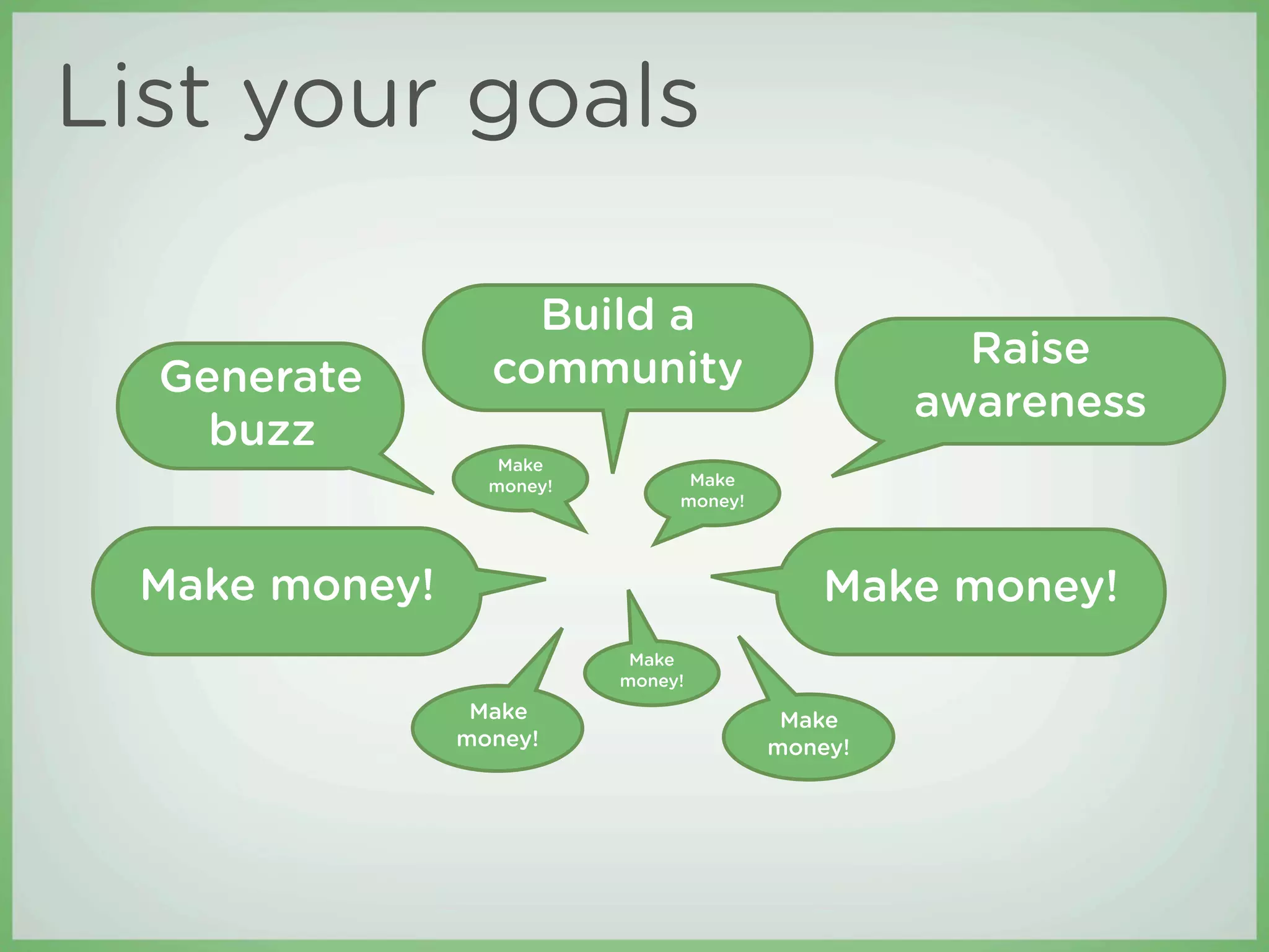 List your goals

                   Build a
                 community                         Raise
  Generate
                                                 awareness
    buzz
                  Make
                 money!         Make
                               money!




 Make money!                                Make money!
                           Make
                          money!
                Make                     Make
               money!                   money!
 